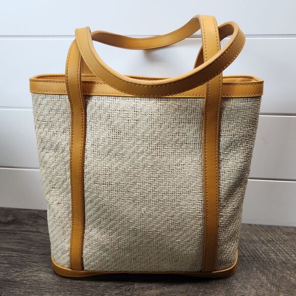 Etienne Aigner Handbags - Vintage Etienne Aigner Woven Straw Summer Tote Bag Fruit Print Liner Brown